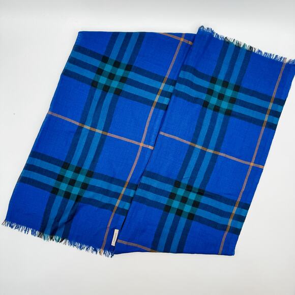 Burberry Scarf Authentic Blue Gauze Oversized Lightweight Plaid Nova Check Sheer - Picture 8 of 10